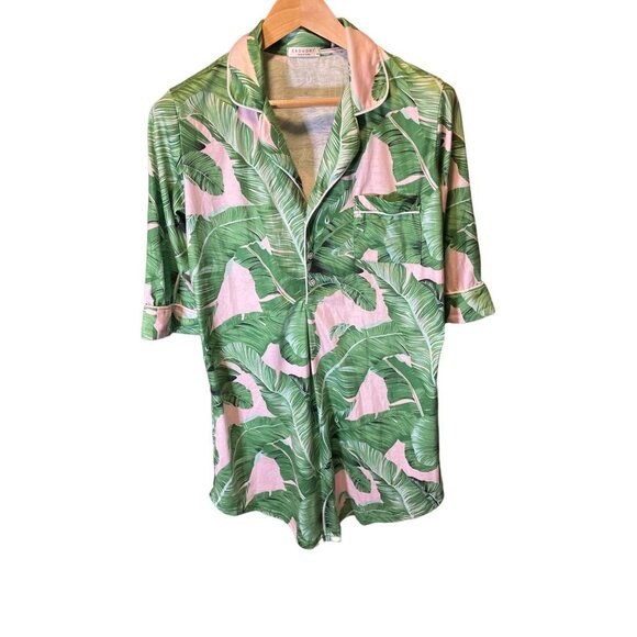 Ekouaer Green Pink Palm Tree Tropical Pullover Half Sleeve Night Gown Shirt Sz M - Picture 1 of 6